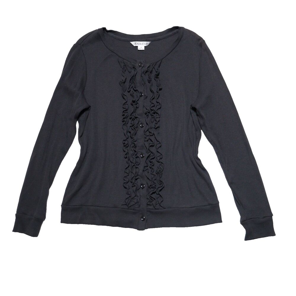 Pendleton Top Women Med Black Button Long Sleeve Ruffled Placket‎ Blouse Career